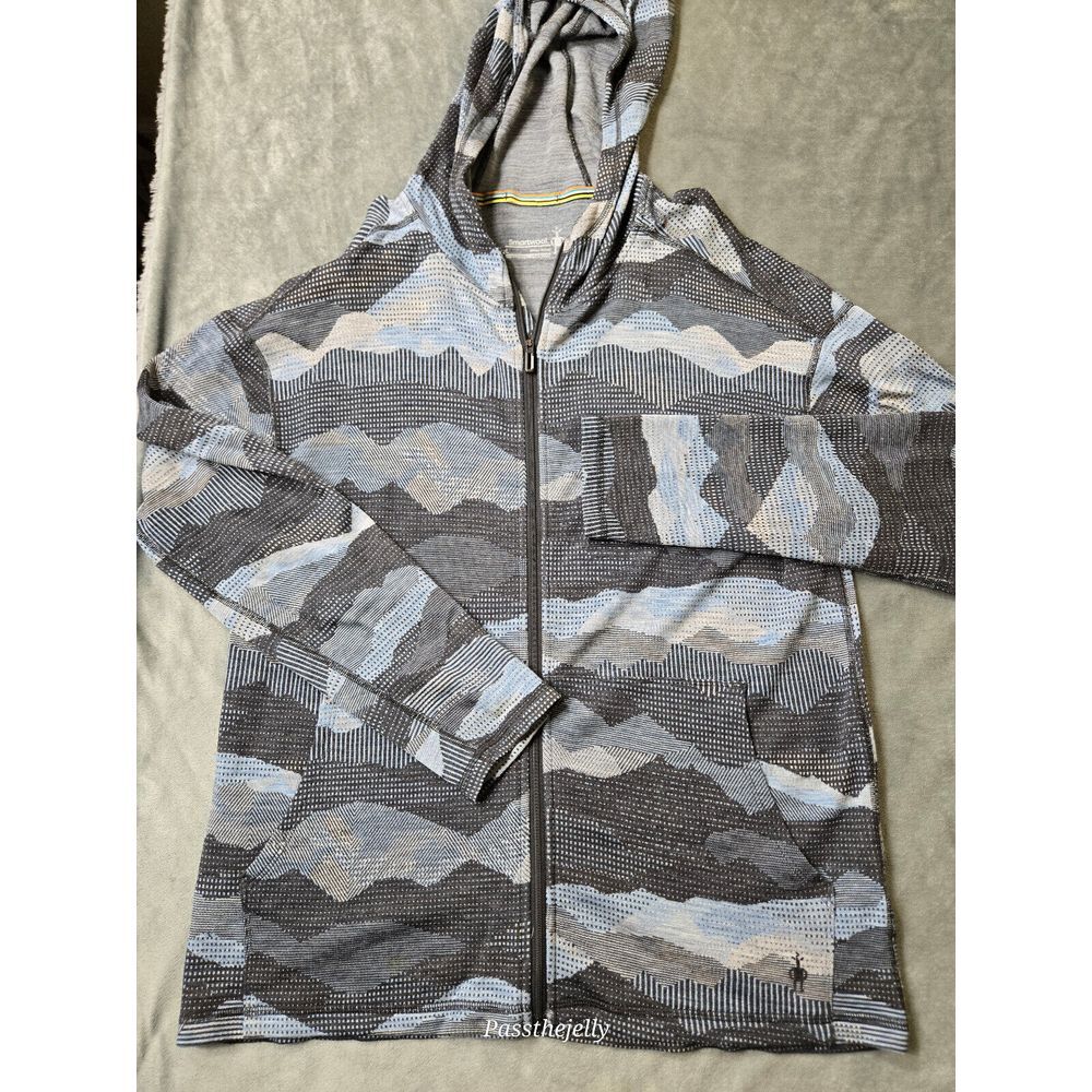Smartwool Hoodie Large Classic Thermal Merino Wool Blue Camo Full Zip Jacket
